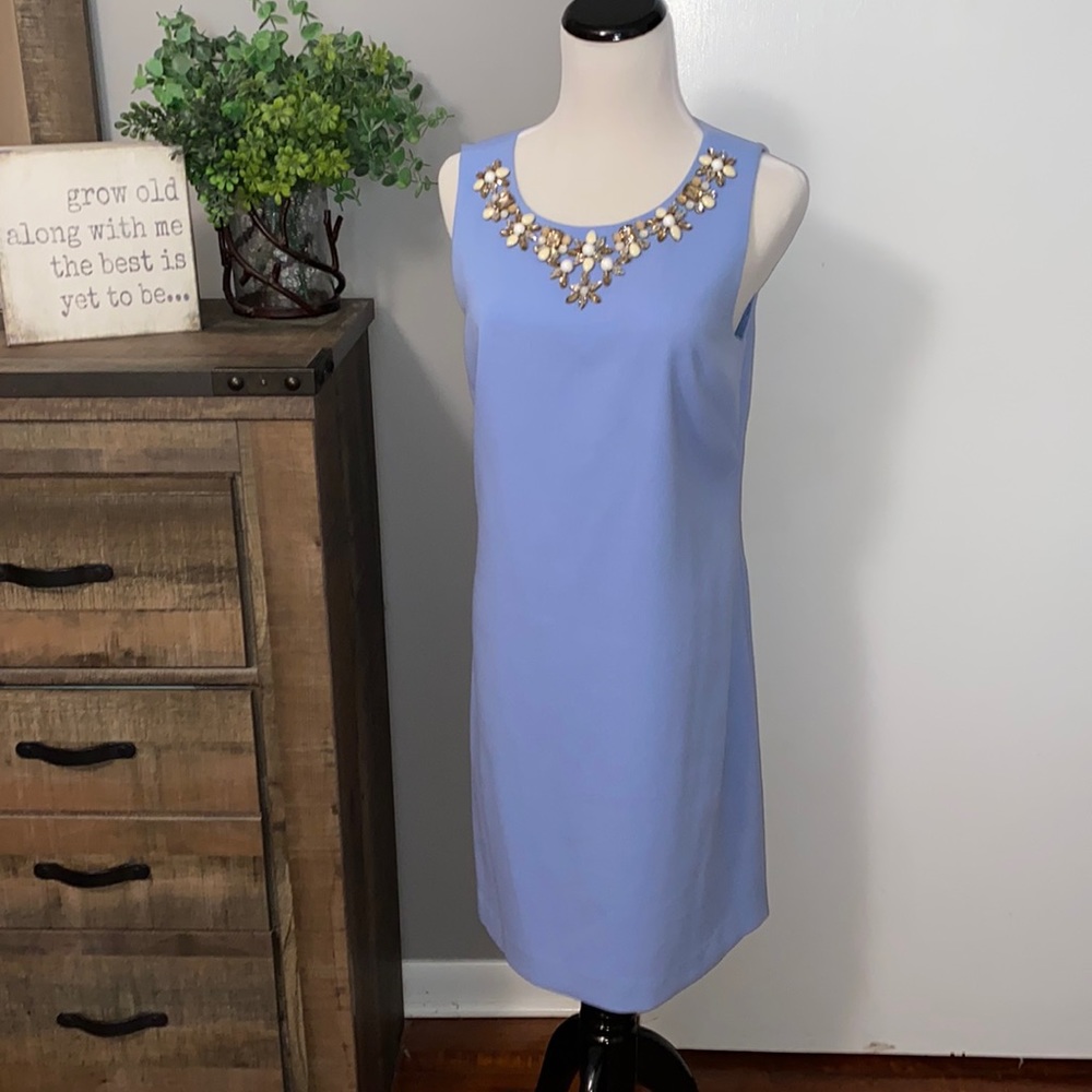 ELIZA J Robin Blue Floral beaded neckline Zip Back MIDI Cocktail Dress Size 8